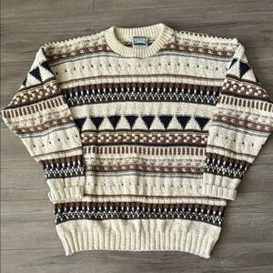 Northern Reflections Cream & Brown Fair Isle Crewneck Sweater